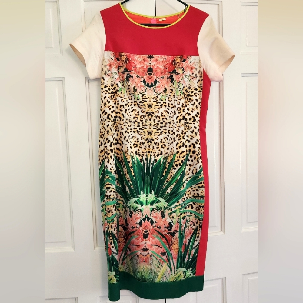 ELIE TAHARI • Silk Pink/Green/Leopard Print Dress, Size 10